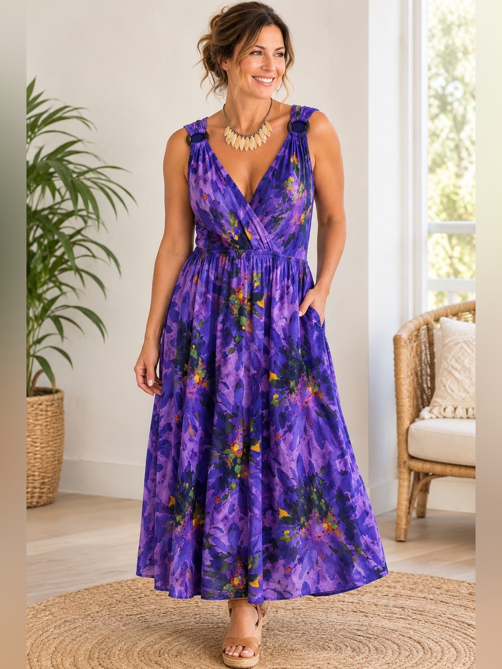 Lane Bryant Purple Floral Midi Dress with V-Neck